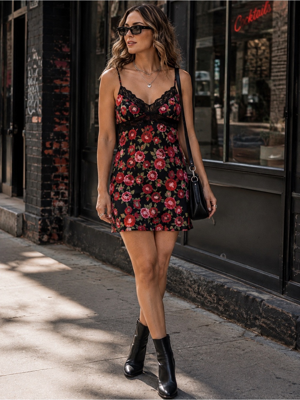 Victoria’s Secret Large Black Red Rose Floral Lace Satin Chemise Slip Nightgown
